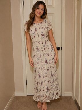 Ronnie Nicole Maxi Dress Lace Over Nude Purple Floral Sz 14 Summer Wedding Party